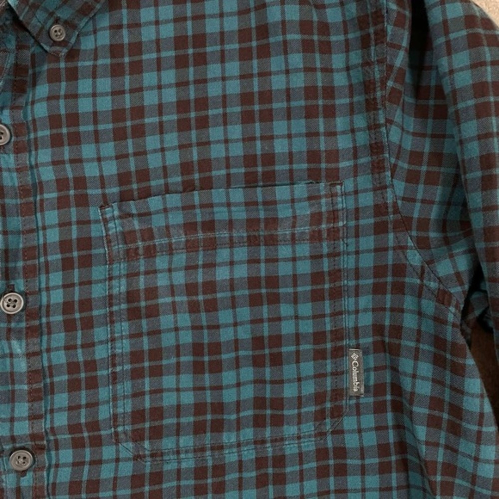 Columbia‎ Mens Large Plaid Button Down Shirt Teal Brown Long Sleeve Cotton L - Picture 7 of 8